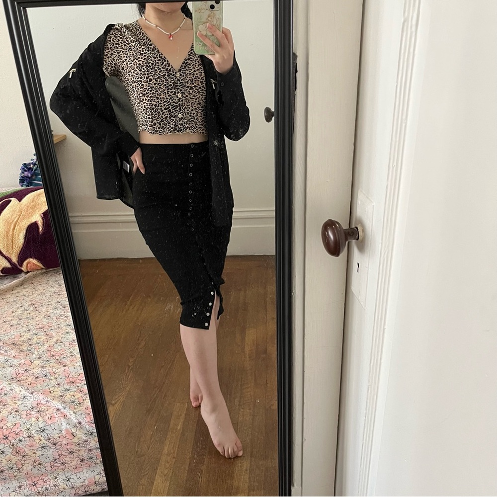 Black knit midi skirt & chiffon top